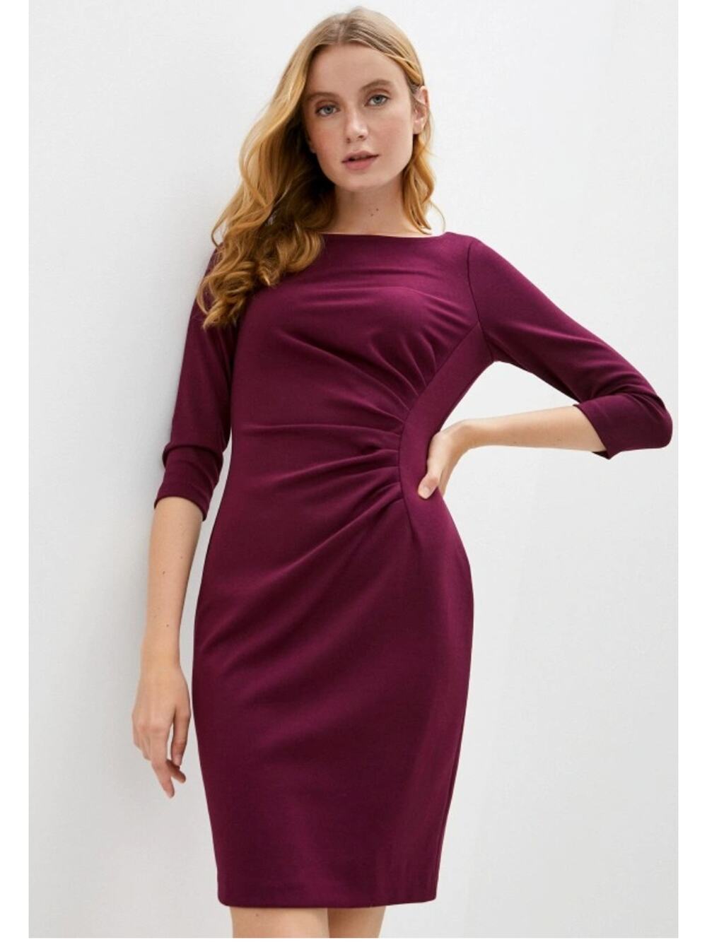 DKNY Burgundy Ruched 3/4 Sleeve Sheath Midi Dress Size 6
